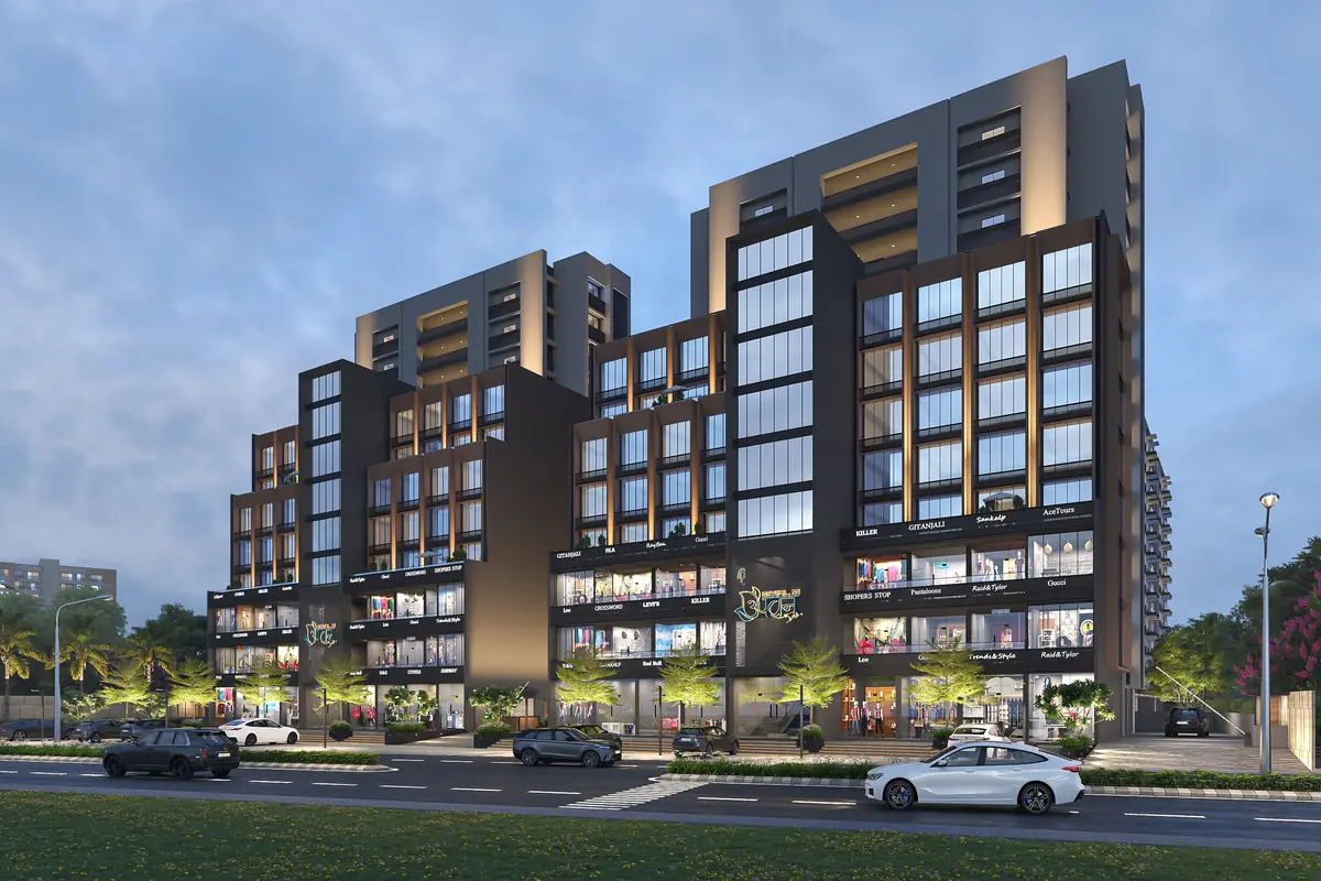 The front blocks at dusk, seen from the road