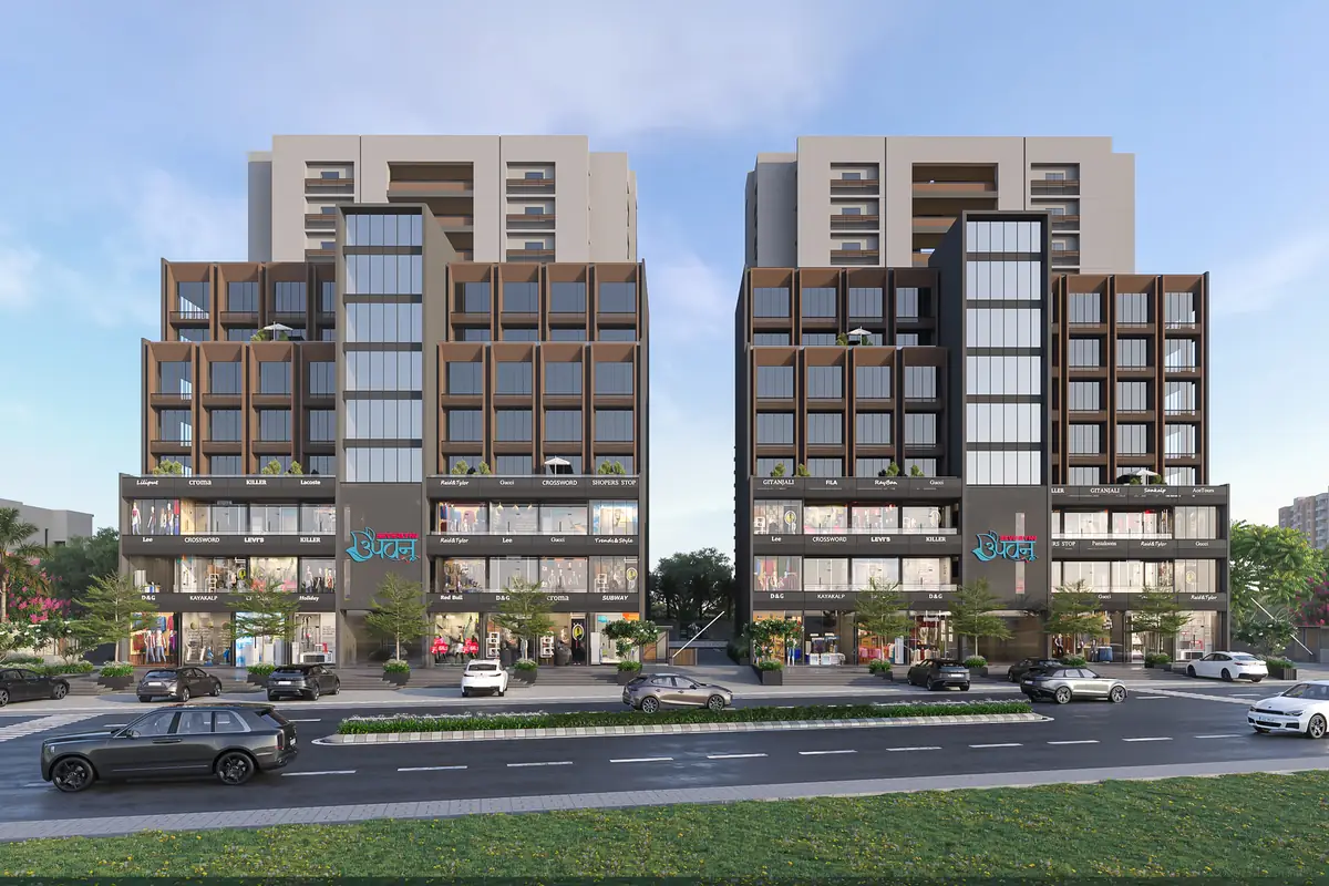 Blocks A and B from the road, with showrooms across the lower floors