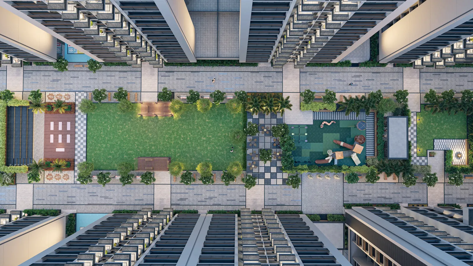 Aerial view of the central garden between the residential blocks