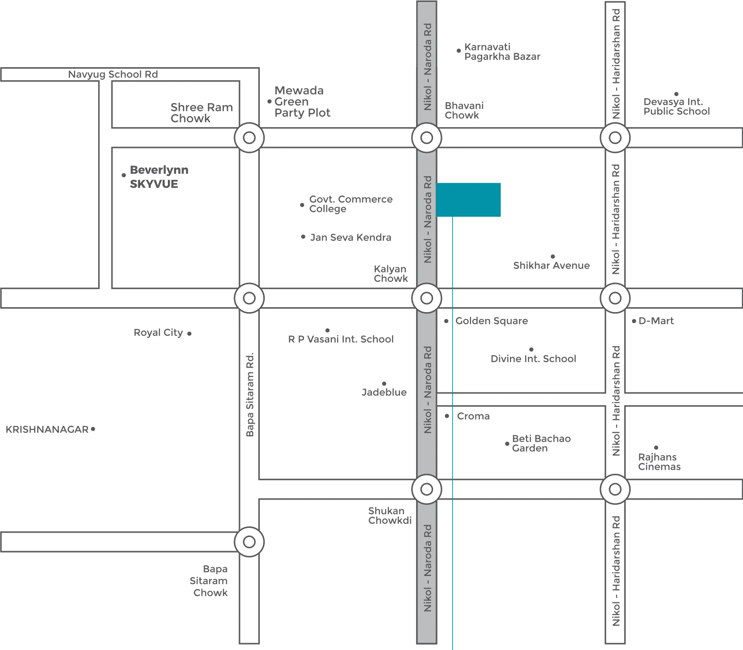 Line map: Upvan sits on Nikol-Naroda Road between Bhavani Chowk and Kalyan Chowk, opposite Jan Seva Kendra