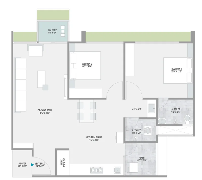 2 BHK floor plan for blocks D to J