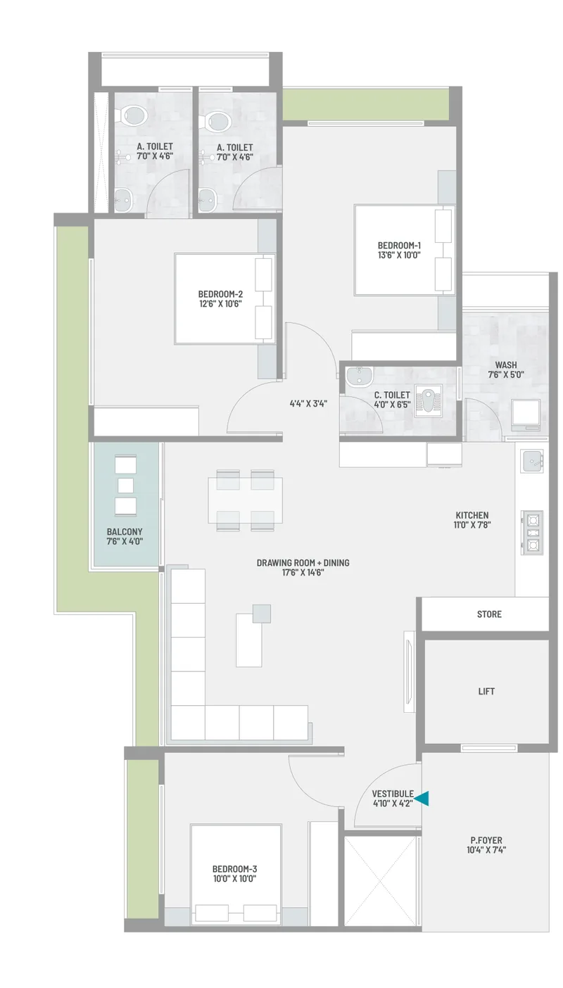 3 BHK floor plan for blocks A and B