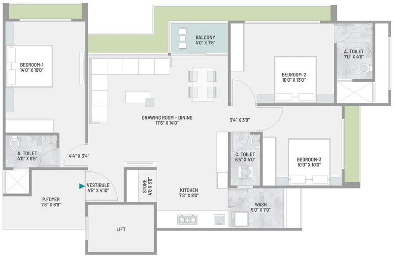 3 BHK floor plan for block C
