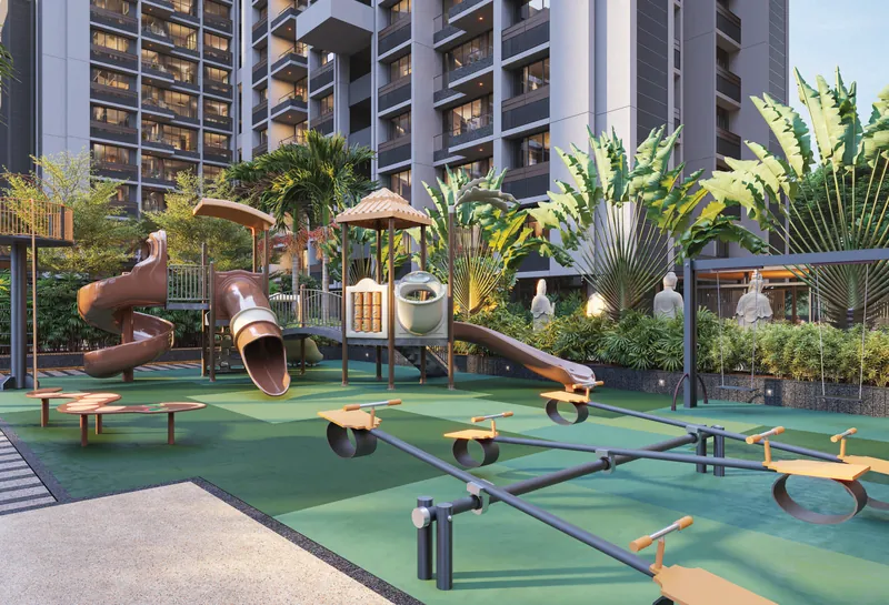 Children's play area with slides and a climbing frame