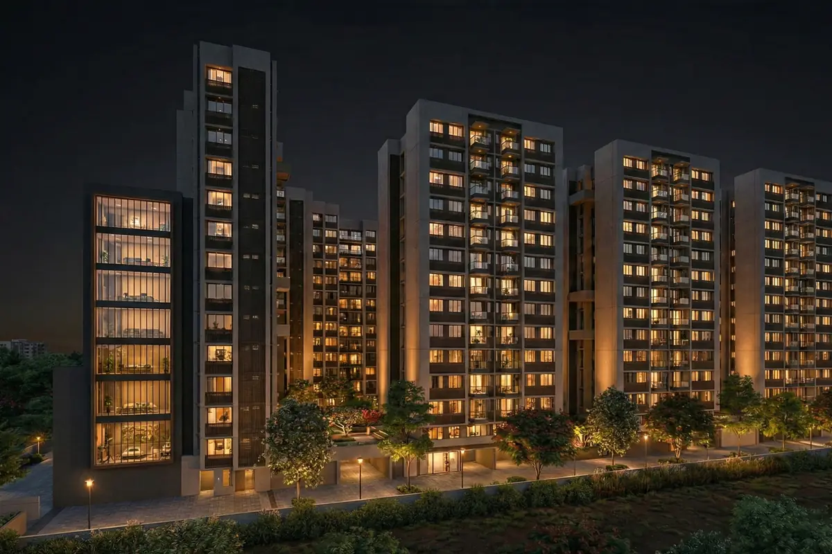 The residential blocks lit up at night