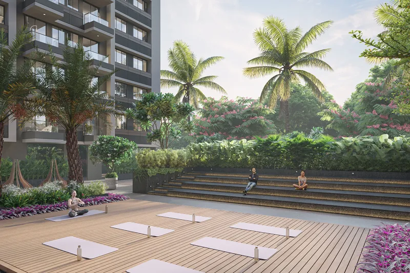 Wooden yoga deck beside the garden steps