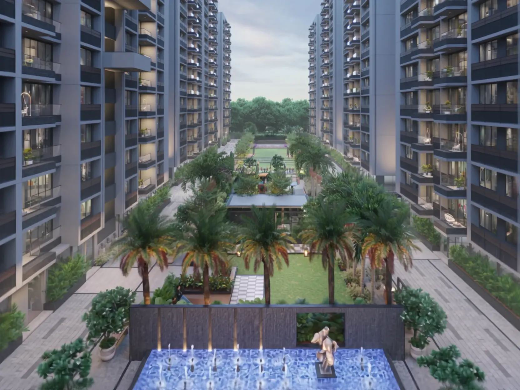 The fountain court between the blocks