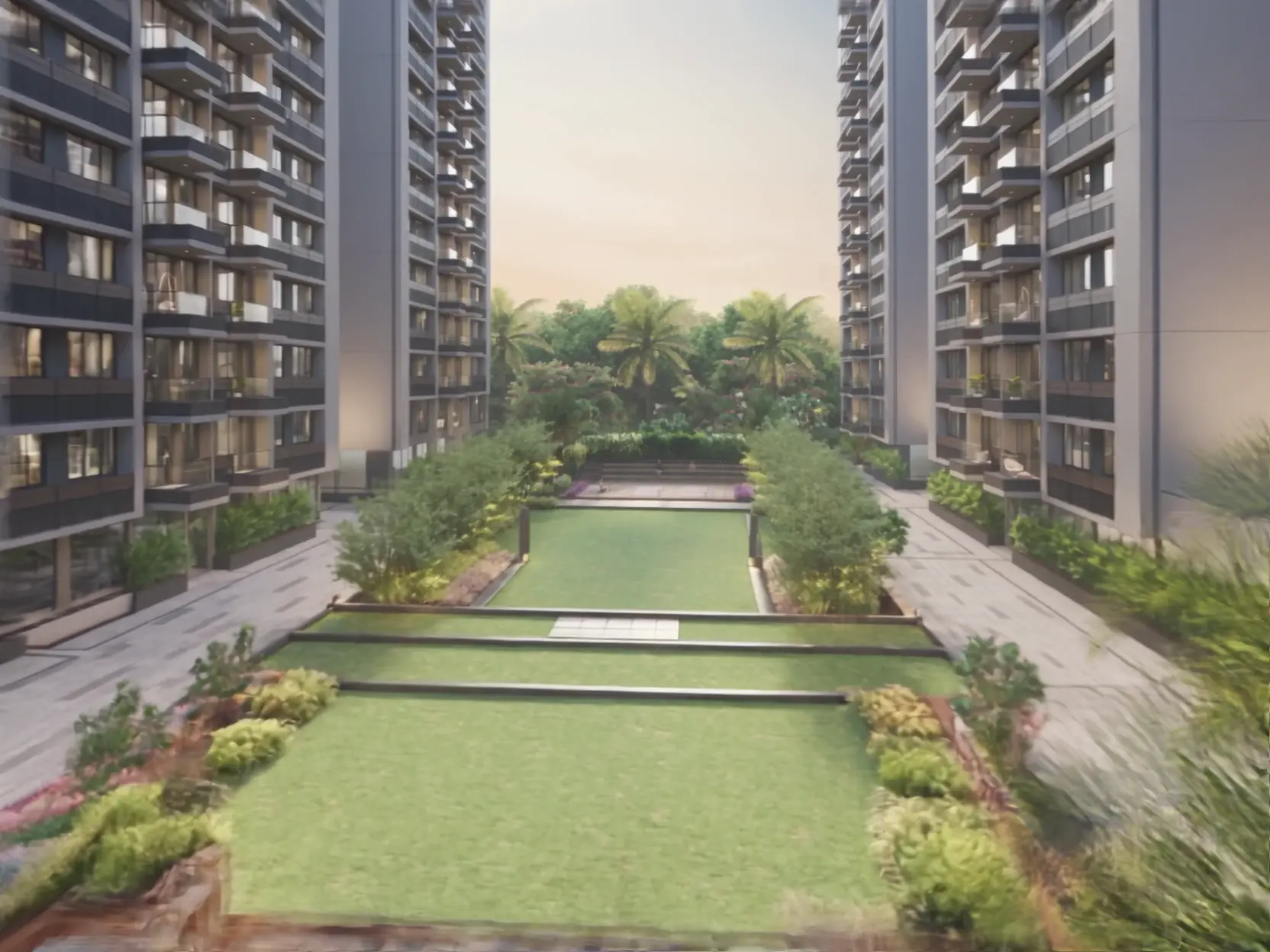The central lawn between the residential blocks